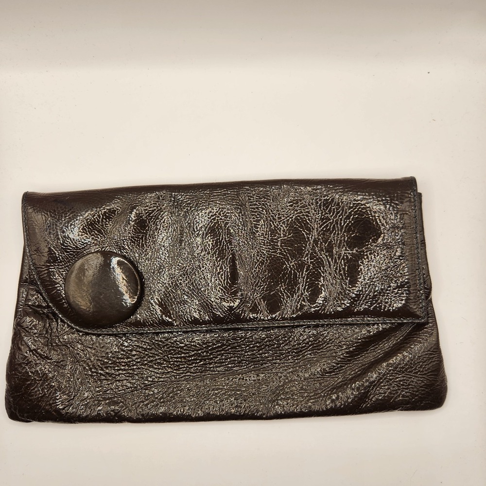 Goldenbleu Made In Italy Dark Brown Patent Leather Crinkled Envelope Clutch Bag